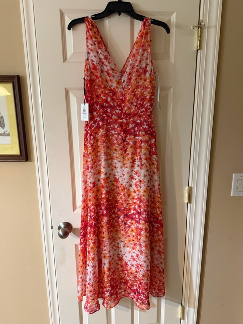Calvin Klein Red & Orange Floral V-Neck calf length dress,